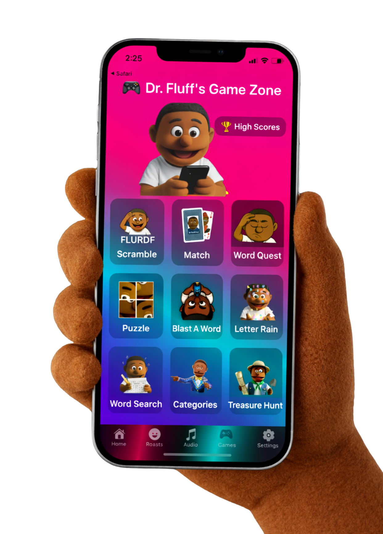 Dr Fluff Game Zone on a phone